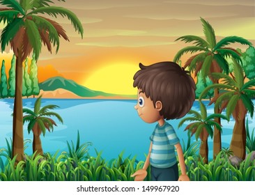 Illustration of a riverbank with a young boy