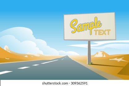 Illustration of a road, aiming for a horizon in the deserted landscape and a big advertising billboard, with a blue sky and some clouds. Empty space leaves room for design elements, signs or text.