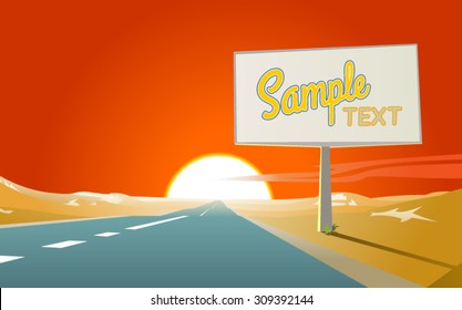 Illustration of a road, aiming for a horizon in the deserted landscape and a big advertising billboard, with big sun and red sky at sunset. Empty space leaves room for design elements, signs or text.