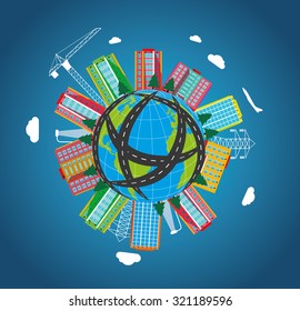 illustration of road around globe with city buildings. Vector illustration.