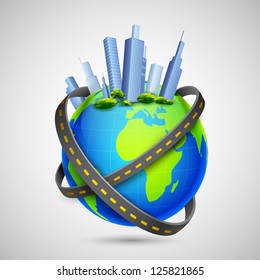 illustration of road around globe with tall buildings