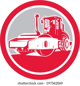 Illustration of road compactor road roller viewed from the front on low angle set inside circle done in retro style.
