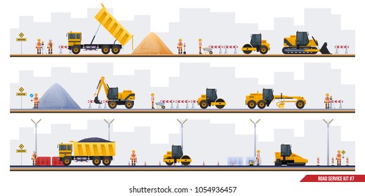 Illustration of road construction, stages of construction of asphalt road workers, asphalt and construction machinery, vector illustration.