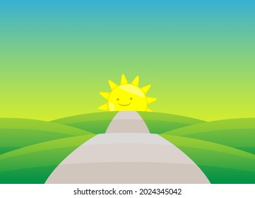 Illustration road in the fields leading to the rising sun.
