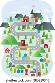 Illustration of a road going to a mountain village