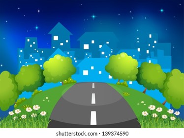 Illustration of a road at the hill with flowers and trees