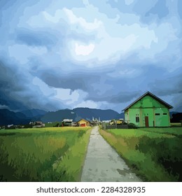 illustration of a road in the middle of the rice fields to the village under the mountains decorated with a cloudy sky