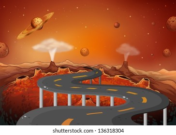 Illustration of a road with planets in the outer space