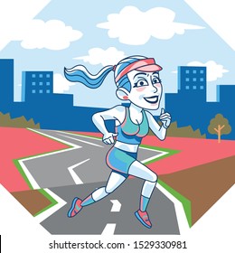 Illustration of Road Runner Athlete Posing with City Line Silhouette in the Background