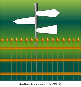 Illustration of road signs on sign post behind brass metal fence, illustration vector