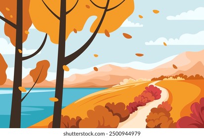 Illustration of a road through an autumn landscape with colorful trees and falling leaves in a flat, modern style. This vector illustration is perfect for seasonal decorations and prints.