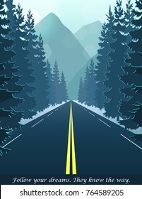 Illustration of road through the forest leading to hills and mountains, fog landscape nature scene, trees, pines, hill, road. Banner card illustration template.