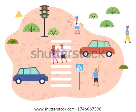 Illustration of road traffic. Traffic controller regulates motion, children walk along pedestrian crossing. Streetlight, roadway signs, crossway, vehicle. Educational material for kids about safety