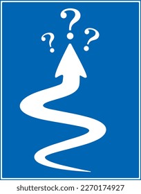 Illustration of a road and a traffic sign where the destination of a meandering road is unknown