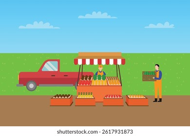 illustration of a roadside fruit and vegetable stand with a red pickup truck parked nearby, showcasing a vendor selling fresh produce from boxes