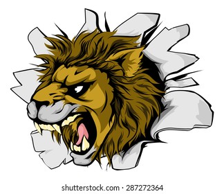 An illustration of a roaring lion head bursting through a wall