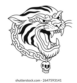 illustration of a roaring tiger head tattoo with a skull chain necklace