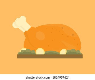 illustration roast turkey or grilled with lemon and vegetables as a garnish. fall or winter foods and thanksgiving meals. flat style. design elements