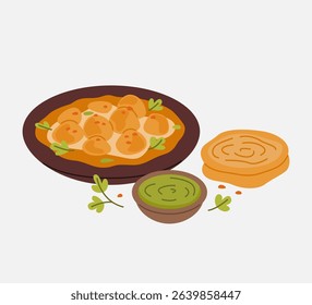 Illustration of roasted baby potatoes served in a spicy Indian yogurt-based curry, accompanied by parotta and green chutney.