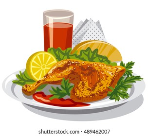 illustration of roasted chicken thigh with tomato sauce and juice