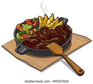illustration of roasted meat and vegetables in pan