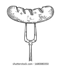 Illustration of roasted sausage on fork. Engraving vector illustration. Design element for menu, bar, food court,fast food restaurant.