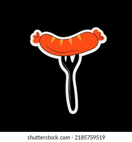 Illustration of roasted sausage on fork. Engraving vector illustration. Design element for menu, bar, food court,fast food restaurant. 