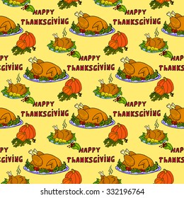 Illustration roasted turkey and pumpkin. Thanksgiving Day. Seamless pattern.