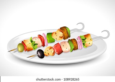 Illustration Of Roasted Vegetable And Mushroom In Grilled Skewer