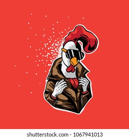 illustration roaster rock and roll, chicken with sun glass, cool roaster, splash effect.