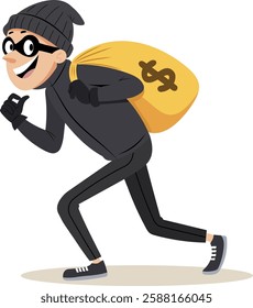 Illustration of a robber dressed in all black, carrying a large yellow sack with a dollar sign on it.