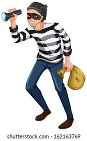 Illustration of a robber with a flashlight and a bag on a white background