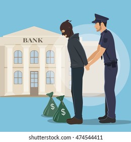 Illustration of a Robber with Money Bags Arrested by Police