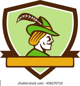 Illustration of a Robin Hood wearing medieval hat with a pointed brim and feather viewed from side set inside shield crest with ribbonon isolated background done in retro style. 