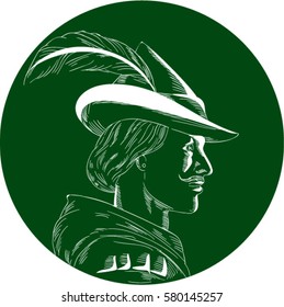 Illustration of a Robin Hood wearing medieval hat with a pointed brim and feather viewed from side set inside circle done in retro woodcut style. 