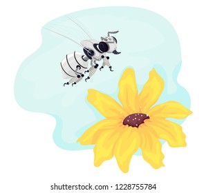 Illustration of a Robot Bee Flying Over a Yellow Flower