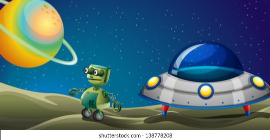 Illustration of a robot beside a flying saucer