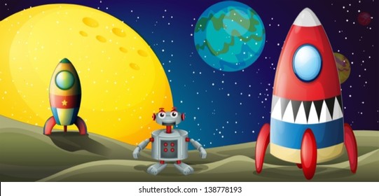 Illustration of a robot between two spaceships at the outerspace