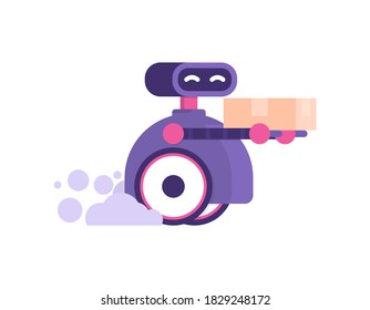 illustration of a robot carrying and sending a package quickly. the concept of AI or Artificial Intelligence, express delivery services. smart courier. future technology. flat style. design elements