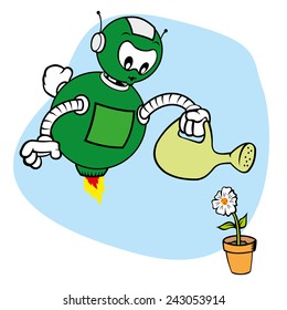 Illustration of a robot character mascot, under general services and watering flower, ideal for field training and internal