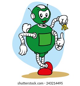 Illustration of a robot character mascot, under general services and holding key holding sauce, ideal for field training and internal