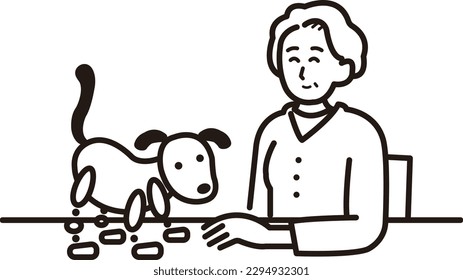 Illustration of a robot dog caring for an elderly woman in animal therapy, line drawing.