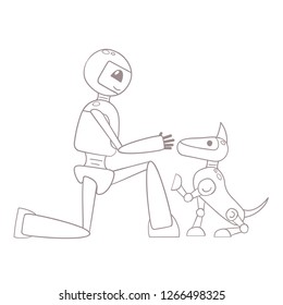 Illustration with robot and robot dog. Hand drawn style vector illustration