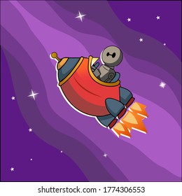 illustration of robot driving a rocket in space towards the galaxy