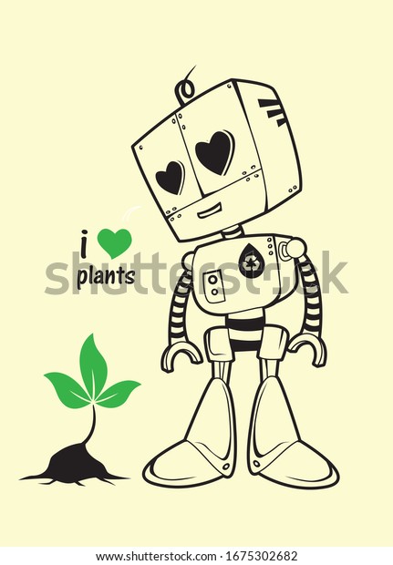 illustration of a robot falling in love with a\
plant shoot