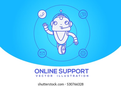 Illustration of robot flat design character composition with technical support. Robot character. Online support 