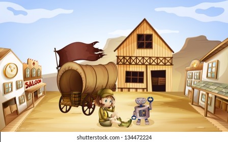 Illustration of a robot and a girl beside a wagon