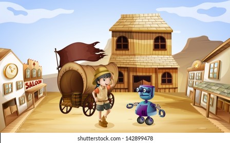 Illustration of a robot and a girl near the wagon