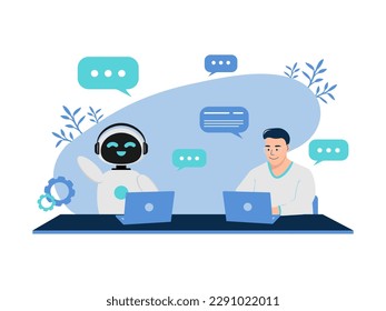 Illustration with a robot and a guy who communicate in a chat bot. Illustration with an AI chatbot. Made in a minimalist flat style, blue shades are used.