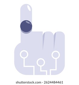 Illustration of a robot hand touching a digital button with its fingertip, symbolizing technological interaction